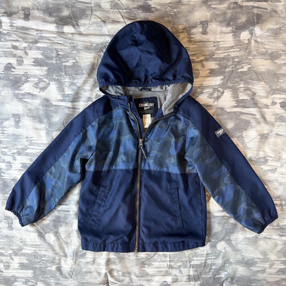 Oshkosh Blue & Camo Hooded Lined Wind Breaker Rain Coat Jacket Youth Boys M 5/6